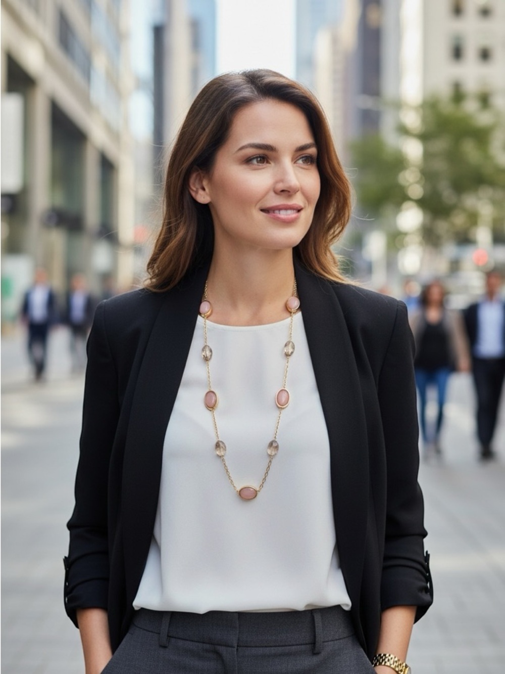 Gold-Tone Chain Necklace with Mauve Beads and Gray Faceted Accents
